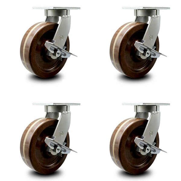 12 Inch Heavy Duty High Temp Phenolic Swivel Caster Set with Brakes SCC, 4PK